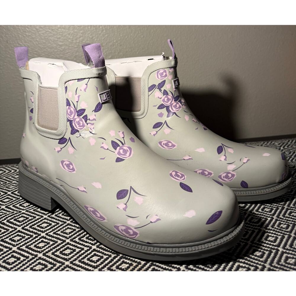 Gray Rubber & Purple JBU by JAMBU Chelsea Floral Pull On Ankle Rain Boots 8.5 M